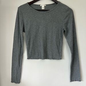 Bozzolo Gray Ribbed Cropped Long Sleeve Top Women’s Medium Lettuce Hem Ruffle